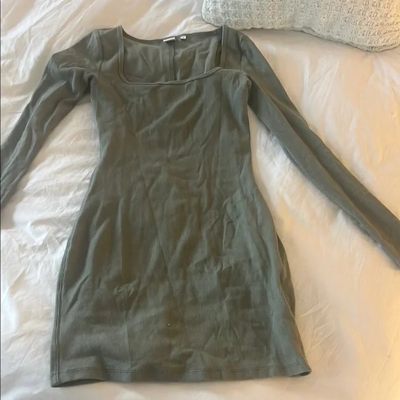 Aritzia Tna, HomeStretch Squareneck Mini Dress Sage Green Long Sleeve Dress